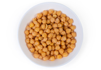 Top view of boiled chickpeas in the white bowl