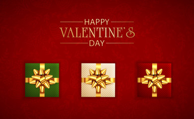 Valentines Lettering and Gifts with Golden Holiday Bow on Red Background