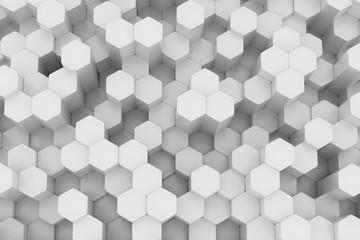 White background wall of honeycombs. Chaotic Cubes Wall Background. Panorama with high resolution wallpaper. 3d Render Illustration