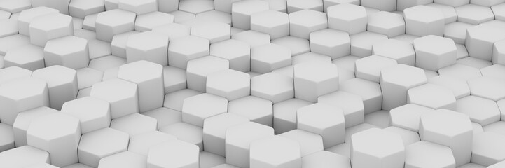 White background wall of honeycombs. Chaotic Cubes Wall Background. Panorama with high resolution wallpaper. 3d Render Illustration