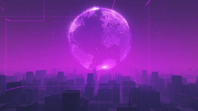 3D animation of a virtual city. Digital city with big data streams. Connection and world social networks. Data transfer, statistics, technology development. Science and business concept 3D animation