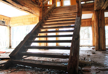 Wooden staircase, abandoned house, demolished house