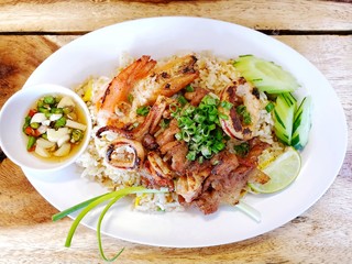chicken Mixed fried rice, pork, prawn, crab meat, Squid, Chilli and fish sauce, Thai menu