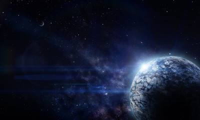 abstract space illustration, moon planet and blue light from stars