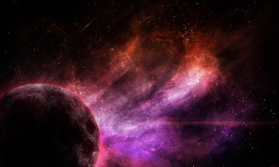 abstract space illustration, bright red-violet planet and space nebula