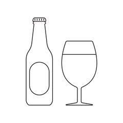 Beer bottle with glass outline icon. Alcohol drink silhouette. Vector illustration.