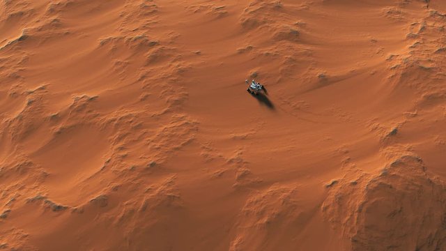 Flying over the realistic surface of Mars with the Mars rover standing on it. Deserted and embossed rocky surface of the red planet. Mars Discovery Rover