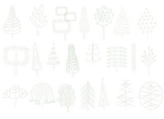 trees hand drawn, vector illustration of trees and Christmas trees on a white background