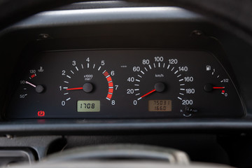 Vintage retro car dashboard with analog speedometer, tachometer and odometer, handmade for...