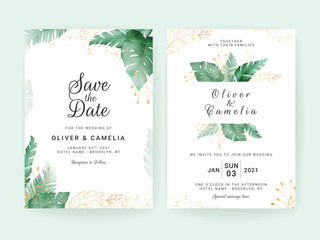 Wedding invitation card template set with leaves border. Flowers decoration for save the date, greeting, poster, cover, etc. Botanic illustration vector