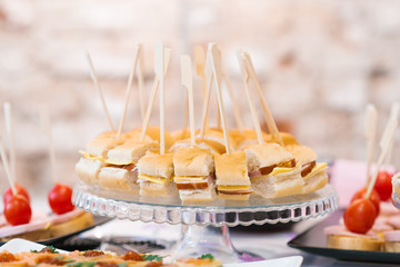 Canapes with sausage and cheese . Catering and snacks at the buffet table