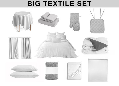 Set of  textile items for kitchen, bathroom and bedroom/ Tablecloth, terry towels, mitten, chair pad, curtains, bed cloth, bed linen, duvet, pillows, plaid, folded bed sheet and roller blind, isolated