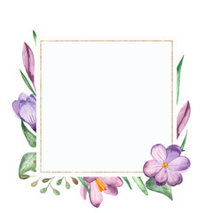 Watercolor square golden frame with crocus flowers and leaves