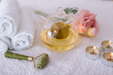 Composition of spa treatment on white background
