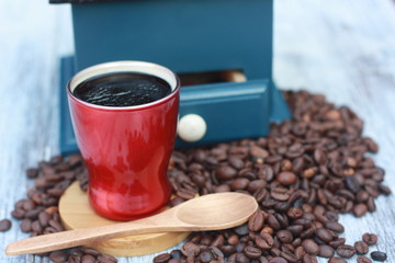  Espresso coffee, with beans and old grinder