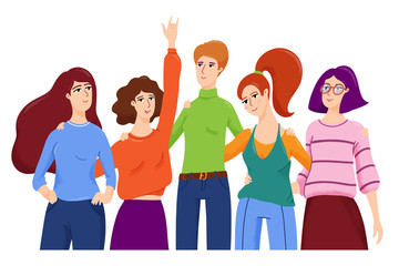 Fototapeta premium Group of young women, friends hugging each other and smiling, half length standing portrait, vector illustration isolated on white background. Group of female friends, women hugging and smiling