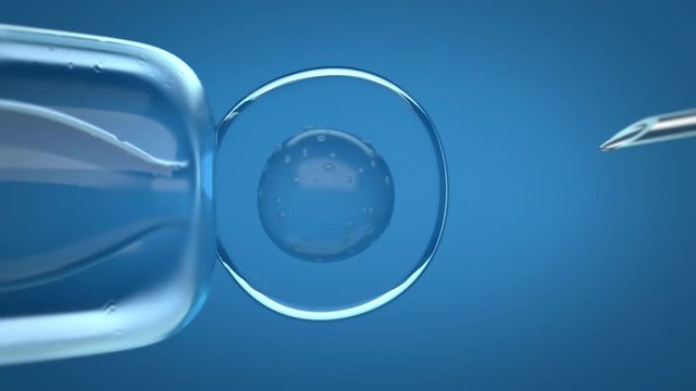 4K Medical macro animation of stem cell injection. Needle inserting biological material through a membrane into a cell. Genetic engineering. DNA experiment footage. Depth Of Field. Medicine and scienc