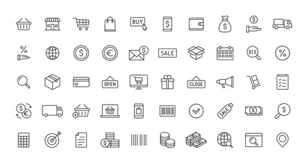 Set of E-commerce and shopping web icons in line style. Mobile Shop, Digital marketing, Bank Card, Gifts. Vector illustration.