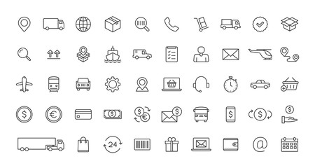 Set of Delivery and logistics web icons in line style. Courier, shipping, express delivery, tracking order, support, business. Vector illustration.