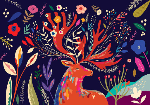 Beautiful spring art work illustration with flowers and deer
