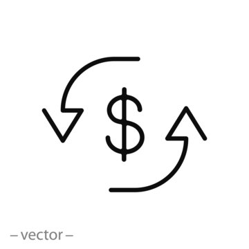 currency exchange icon, trade, return or swap money, cash back cycle, thin line web symbol on white background - editable stroke vector illustration eps10