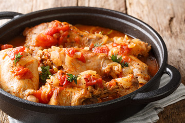 Cunillo stew of rabbit in tomato sauce with white wine and herbs close-up in a pan. horizontal