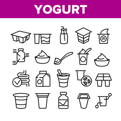 Yogurt Dairy Nutrition Collection Icons Set Vector Thin Line. Yogurt On Spoon And In Bottle With Tube, Human Organ Intestines Concept Linear Pictograms. Monochrome Contour Illustrations
