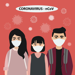 Coronavirus nCoV. chinese people family with masks on red background with bacterias. health and medical. Novel Coronavirus 2019. Pneumonia disease. vector stock illustration about the epidemic.