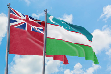 Uzbekistan and Bermuda flags waving in the wind against white cloudy blue sky together. Diplomacy concept, international relations.