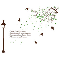 Street lamp with the branch and happy birds - Vector