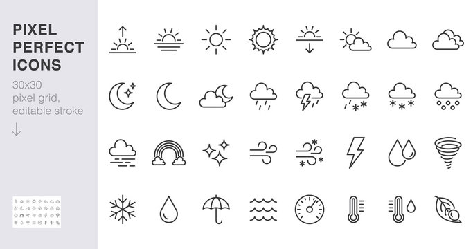 Weather line icons set. Sun, rain, thunder storm, dew, wind, snow cloud, night sky minimal vector illustrations. Simple flat outline signs for web, forecast app. 30x30 Pixel Perfect. Editable Strokes