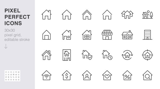 Home line icons set. House, residential building, homepage, property mortgage minimal vector illustrations. Simple flat outline sign for web real estate app. 30x30 Pixel Perfect. Editable Strokes