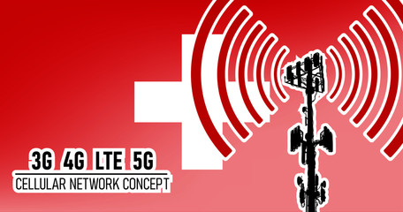 Cellular mobile network tower - connection concept for Switzerland, vector illustration of 3g 4g LTE 5g harmful waves from the tower, danger of 5G networks idea with colors red, white
