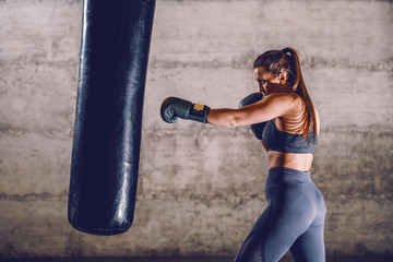 Full length of young dedicated caucasian muscular female boxer in sportswear with ponytail and...