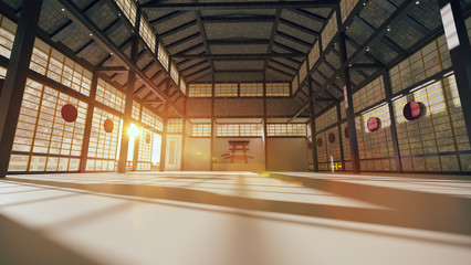 3D Japanese hall for karate training. - obrazy, fototapety, plakaty