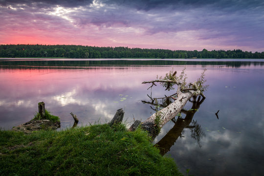 Sunrise over the Olecko Wielkie lake in olecko, Masuria, Poland