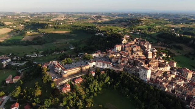 Drone aerial view of Moncalvo, Monferrato, unesco world heritage. Slow motion