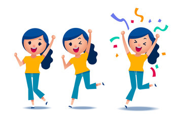 Vector illustration of cute teenage girl in different level of happy, youth, people expression