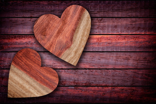 Two wooden heart shaped ,Wood heart shape background.