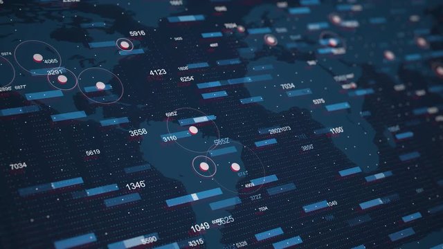 4K Business animation of world statistics with floating global data on world map background with active regions. Financial update statistics. Motion background with dynamic trading counters