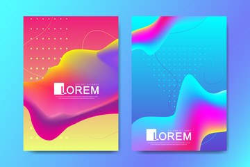 Vector design template in trendy vibrant gradient colors with abstract fluid shapes, paint splashes, ink drops. Futuristic posters, banners, brochure, flyer and cover designs. Abstract fluid 3d shape.