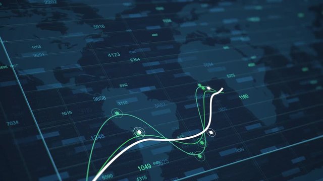4K Business animation of a growing graph and Success Arrow of a currency rate or income. Economics infographics with world statistics of global data. Motion background with changing dots on the curve
