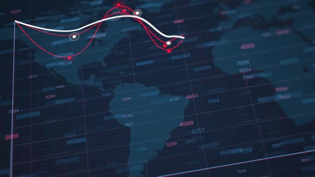 4K Business animation of a falling chart of a currency rate and economics decrease. Infographics with world statistics global data showing loss or global decline. Analytical finance motion background