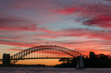 Sydney Harbour Bridge landmark against colorful sunset sky