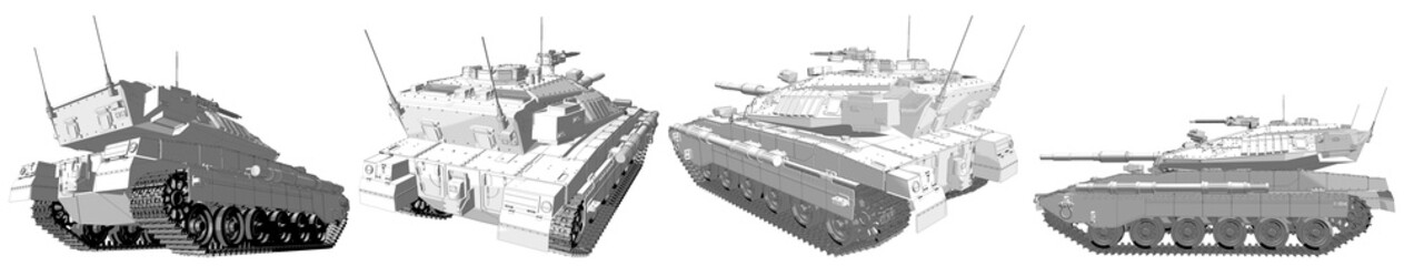 Cartoon style outlined isolated 3D heavy tank with not existing design, highly detailed modern tanks concept - military 3D Illustration