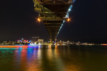 Fototapeta na wymiar Modern cityscape at night background with bridge and water