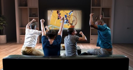 Group of students are watching a basketball moment on the TV and celebrating a goal, sitting on the couch in the living room. The living room is made in 3D.