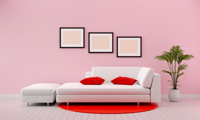 modern living room with white sofa and furniture and group of picture frame on the wall. 3D render.