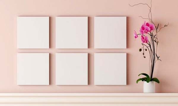 six blank picture frame on pastel pink wood wall have flower vase placed on the fireplace. Valentine sweet concept.