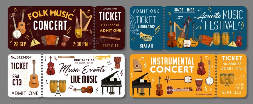 Live Music Concert Event Tickets Templates. Vector Classic Orchestra, Folk Acoustic Concert And Jazz Sound Band Festival Tickets With African And Japanese Music Instruments Piano, Violin And Drums